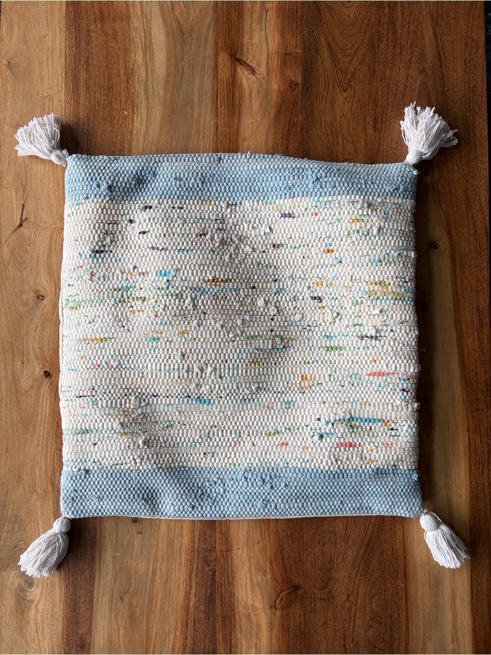 Woven 20x20” Accent Pillow Cover in Light Blue and Cream Cotton with Tassels